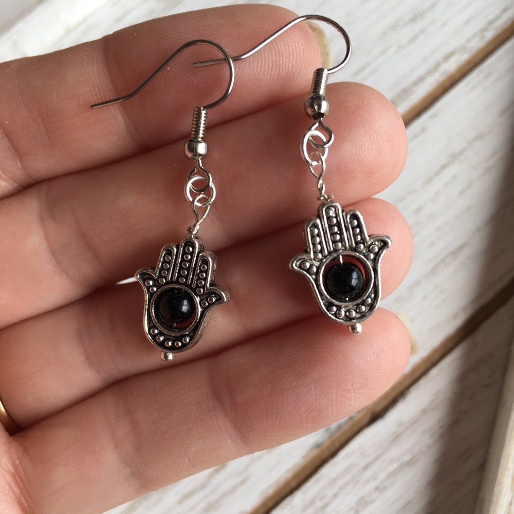 Black Quartz Hamsa Hand Earrings - Picture 2 of 2